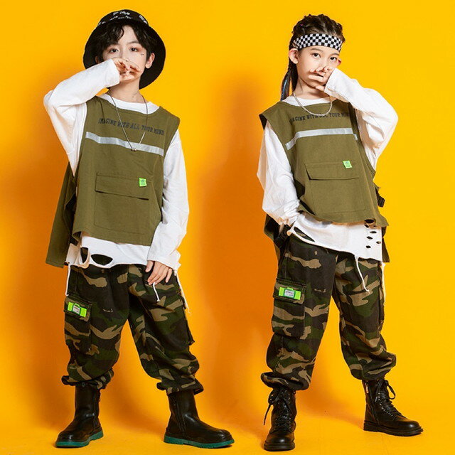 送料無料 キッズ こども ダンス衣装 セットアップ 3点セット アーミー 迷彩 トップス ボトムス ベスト カーキ かっこいい ストリート ダンス 衣装