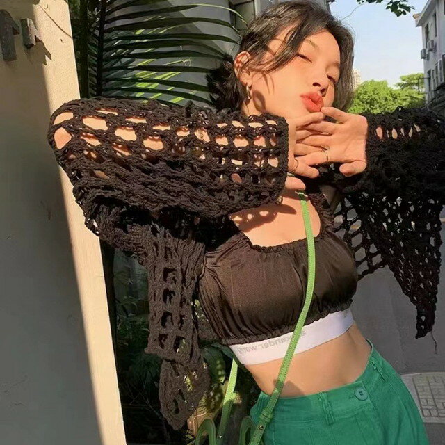 送料無料 編み カーディガン 長袖 透け 羽織 おしゃれ 春 夏 白 黒 ピンク 青 緑 ダンス衣装 セクシー