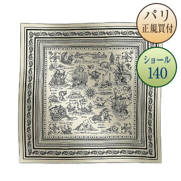 ᥹ HERMES Ƚ硼 140 쥸 ΥȥХ ۥ磻 / ֥å ߥ 륯  Chale 140 Tatouages Marins Bandana Blanc / Noir