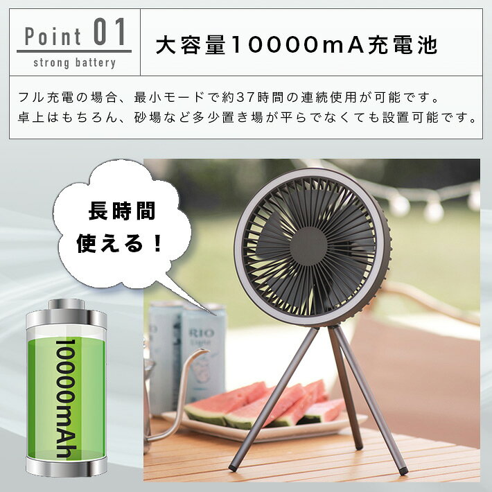 JUST STOREの【進化版】10000mAh キャンプ扇風機 充電式扇風機 LEDライト アウトドア扇風機 3脚 コードレス 静音 切タイマー 風量3段階調節 Type-C充電式 上下風向調節 吊り下げ 大風量 小型 卓上 キャンプ リビング 熱中症対策 直径18cm ダークグレー｜アングル2