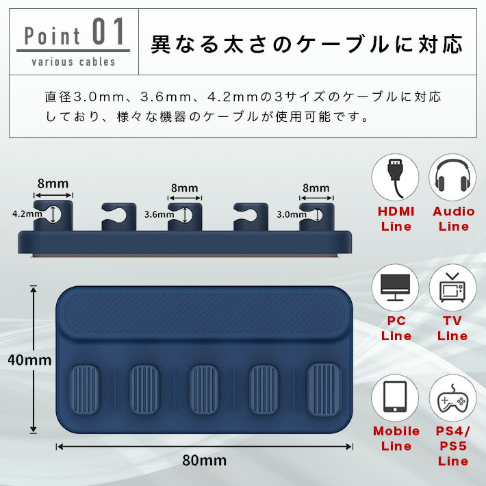 進化版 ケーブルホルダー マグネット コード 収納 直径最大4.2mm対応 強力磁石内蔵 5個ケーブル整理 固定 マグネット 落ちにくい コードまとめ iPhone USB C Micro USB 充電ケーブル 配線 整理 ケーブル 収納 ブルー