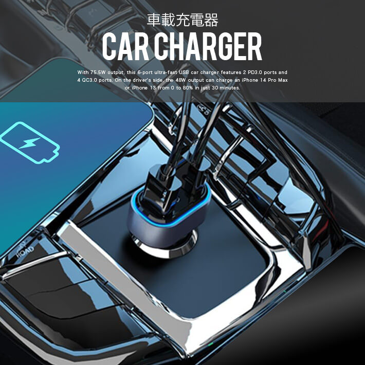USB-C車載充電器 75.5W 6ポート Q...の紹介画像2