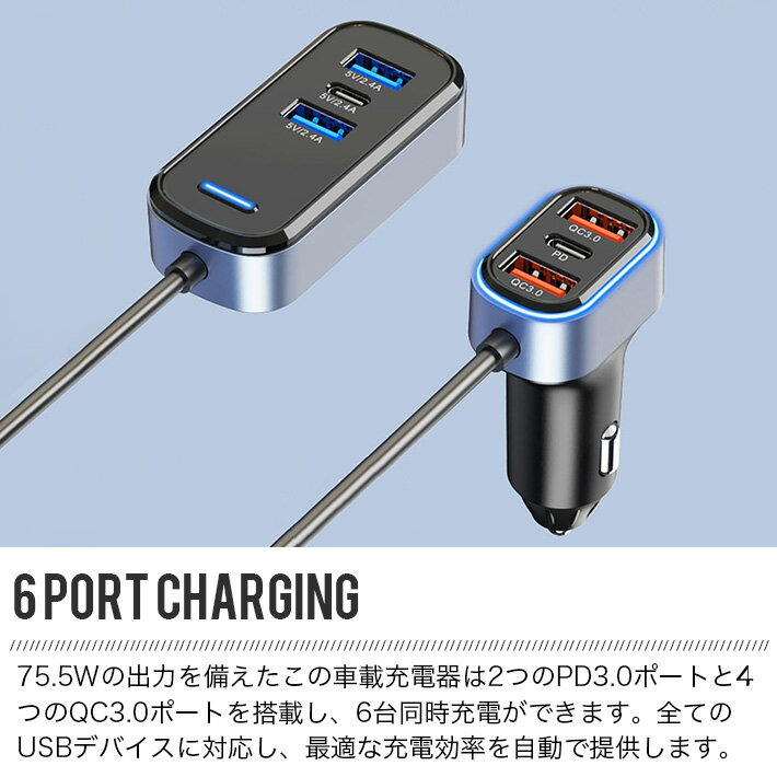 USB-C車載充電器 75.5W 6ポート Q...の紹介画像3
