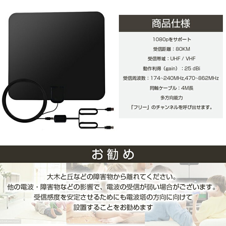 【送料無料】地デジペーパーアンテナUHFVHF対応HDテレビアンテナ80KM受信範囲USB式簡単設置