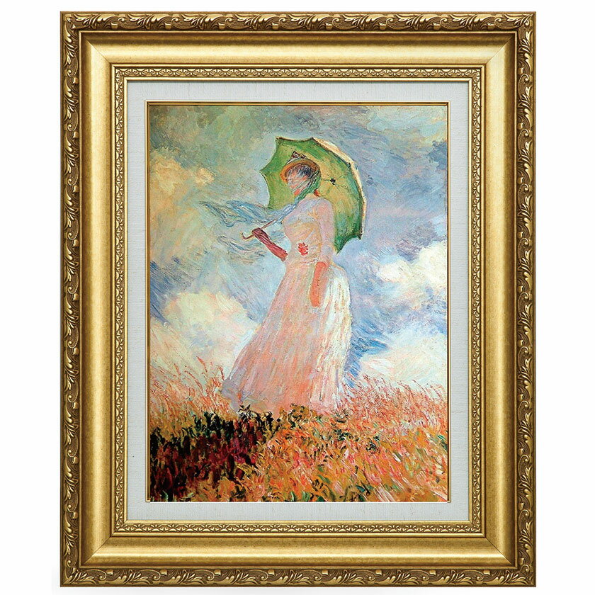 日傘を差す女性は、当時モネの妻であったカミーユ・ドンシュ。この代表作も、人物と風景が溶け合っている。●豪華な額装付でお届け●6号サイズ●絵寸法：（約）長辺 40×短辺 30.5cm （6号）●額寸法：（約）長辺 58×短辺 48.5×厚み 4cm●重量：（約）2.5kg●額材質：樹脂、アクリルカバー入●手法：ジクレー＋油彩画風直筆仕上げ●掛け紐付●企画：日本●制作：韓国美術品 工芸品 複製 絵画 名画 作品 アート インテリア 額入り 壁掛け日傘を差す女性は、当時モネの妻であったカミーユ・ドンシュ。この代表作も、人物と風景が溶け合っている。●豪華な額装付でお届け●6号サイズ●絵寸法：（約）長辺 40×短辺 30.5cm （6号）●額寸法：（約）長辺 58×短辺 48.5×厚み 4cm●重量：（約）2.5kg●額材質：樹脂、アクリルカバー入●手法：ジクレー＋油彩画風直筆仕上げ●掛け紐付●企画：日本●制作：韓国