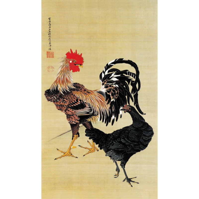 伊藤若冲 動植綵絵 大鶏雌雄図 高級仕様 掛軸 美術品 インテリア 作品 複製画