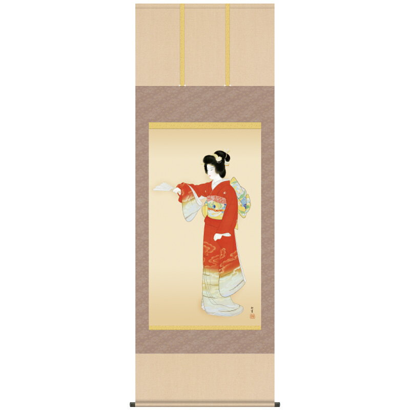 「何ものにも犯されない、女性のうちにひそむ強い意志を、この絵に表現したかったのです。」青眉抄の中でそのように語っている松園。それは松園が長い苦悩を自らの力で切り開き、ついに到達し得た女性美といえるもの。気品あふれる毅然とした態度で、安定した構図の中に緊張感を漲らせている令嬢の可憐な美しさは、松園にとって理想の女性像そのものです。切手にも図案が採用され、近代美人画の最高傑作とされている名品です。上村松園　略歴（明治8年4月24日〜昭和24年8月27日）明治8年、京都市生まれ。父親は松園が誕生する直前に他界したため母仲子によって育てられる。明治20年、京都府画学校入学後、鈴木松年、幸野楳嶺、竹内栖鳳の門下で研鑽を積む。明治23年、弱冠15才にして「四季美人図」が第3回内国勧業博覧会で一等褒状受賞、英国皇子のお買い上げとなる。昭和16年、帝国美術院会員。昭和23年、女性初の文化勲章受章。美人画の大家として国内のみならず、海外でも高い評価を得る。●絵寸法（約）／92×52cm●掛軸寸法（約）／188×65cm●高精細デジタル印刷専用布●三段本表装●一文字・風帯／金襴●軸先／陶器●桐箱収納アートの友社 上村松園『序の舞』大幅掛軸 113739「何ものにも犯されない、女性のうちにひそむ強い意志を、この絵に表現したかったのです。」青眉抄の中でそのように語っている松園。それは松園が長い苦悩を自らの力で切り開き、ついに到達し得た女性美といえるもの。気品あふれる毅然とした態度で、安定した構図の中に緊張感を漲らせている令嬢の可憐な美しさは、松園にとって理想の女性像そのものです。切手にも図案が採用され、近代美人画の最高傑作とされている名品です。上村松園　略歴（明治8年4月24日〜昭和24年8月27日）明治8年、京都市生まれ。父親は松園が誕生する直前に他界したため母仲子によって育てられる。明治20年、京都府画学校入学後、鈴木松年、幸野楳嶺、竹内栖鳳の門下で研鑽を積む。明治23年、弱冠15才にして「四季美人図」が第3回内国勧業博覧会で一等褒状受賞、英国皇子のお買い上げとなる。昭和16年、帝国美術院会員。昭和23年、女性初の文化勲章受章。美人画の大家として国内のみならず、海外でも高い評価を得る。●絵寸法（約）／92×52cm●掛軸寸法（約）／188