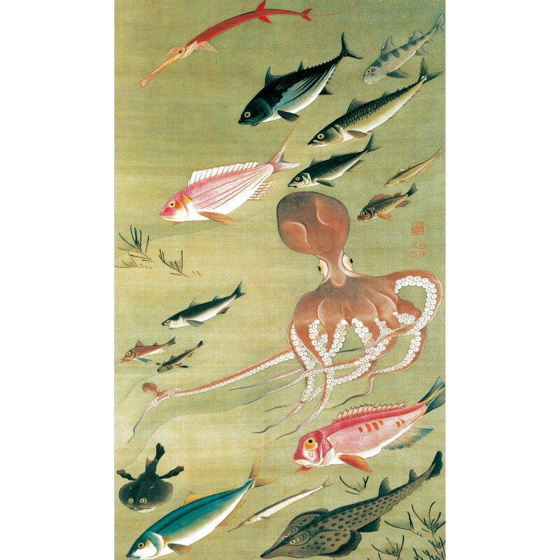 海流に乗って泳ぐ、蛸に甘鯛、鰤、鰹、サヨリなど。特に、蛸の様子が面白い。若冲の探求心は、魚介類もとらえます。細密技巧の天才絵師 伊藤 若冲正徳6（1716）年2月生まれる。江戸時代中期の絵師。狩野派の画家・大岡春卜に師事したといわれ、宋元画、特に濃彩の花鳥画に学び模写に励み、実物写生に移行。「超絶細密技巧の天才」「奇想の画家」ともいわれる。寛政12年9月没、享年84。■高級額仕様●絵寸法（約）76×42cm●額寸法（約）81×47×2cm●高精細デジタル印刷●額材料：女桑、アクリルカバー入●掛け紐付アートの友社 伊藤若冲『動植綵絵』群魚図（蛸） 高級仕様 額 113767海流に乗って泳ぐ、蛸に甘鯛、鰤、鰹、サヨリなど。特に、蛸の様子が面白い。若冲の探求心は、魚介類もとらえます。細密技巧の天才絵師 伊藤 若冲正徳6（1716）年2月生まれる。江戸時代中期の絵師。狩野派の画家・大岡春卜に師事したといわれ、宋元画、特に濃彩の花鳥画に学び模写に励み、実物写生に移行。「超絶細密技巧の天才」「奇想の画家」ともいわれる。寛政12年9月没、享年84。■高級額仕様●絵寸法（約）76×42cm●額寸法（約）81×47×2cm●高精細デジタル印刷●額材料：女桑、アクリルカバー入●掛け紐付
