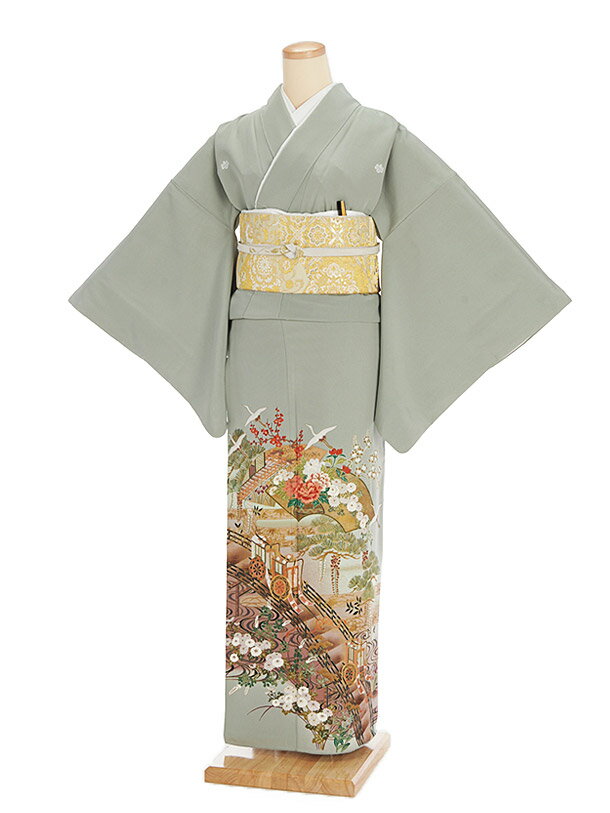 レンタル 五つ紋 色留袖 正絹 おすすめ 665 深川ねず色 御所車 扇面 親族 結婚式 往復送料無料 食事会 表彰式 色留め袖レンタル 姉 着物 祖母 式典 人気 新品足袋プレゼント レンタル とめそで トメソデ 女性和服 貸衣装 留袖 フルセット【レンタル】