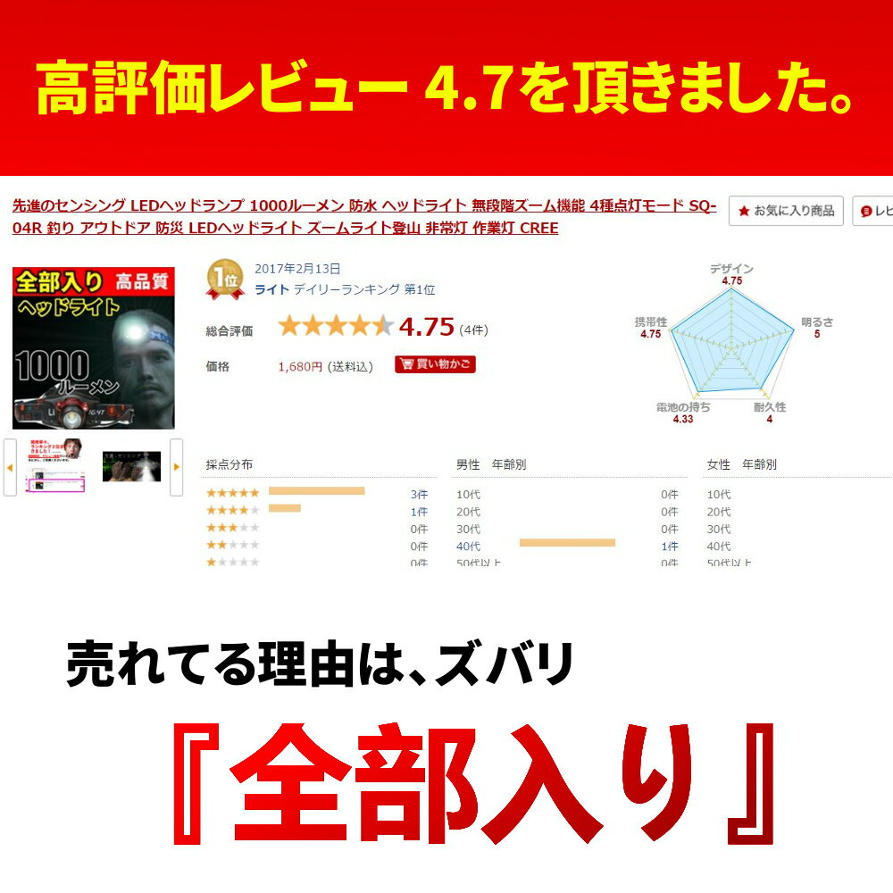 【電池付属】【楽天ランキング1位】 ヘッドライト LED 電池付属 LEDヘッドランプ 1000ルーメン 防水 ヘッド ライト SQ-04R 釣り アウトドア 登山 防災 ライト 作業灯 CREE 災害対策 懐中電灯 【電池3本付き】通販格安セール情報 楽天 通販