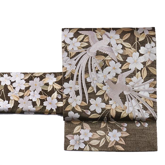 日本刺繍 リサイクル袋帯 黒金銀 枝垂れ桜 鳳凰 正絹 ／ 六通柄 中古着物 初釜 お茶会 観劇 フォーマル ／ 中古袋帯 a2m2m5 仕立て上がり Mサイズ【中古】訳ありのサムネイル