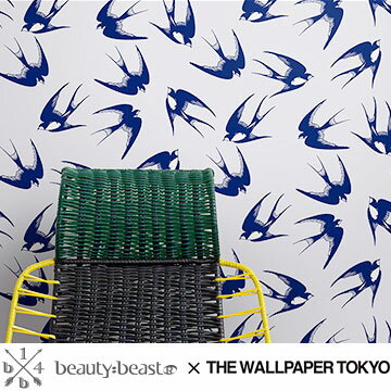 beautybeast 壁紙 THE WALLPAPER TOKYO アンティーク ナチュラル ツバメ スワローズ ブルー ヴィンテージ フリース壁紙 フリースデジタルプリント壁紙 デジタルプリント壁紙 貼って剥がせる 賃貸OK 日本製 パネル(46cmx10.32m)