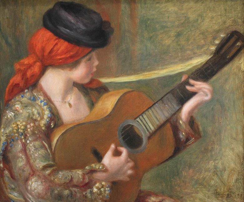 絵画 インテリア 額入り 壁掛け複製油絵ピエール＝オーギュスト・ルノワール ギターを持った若いスペイン女性 油彩画 複製画 選べる額縁 選べるサイズ