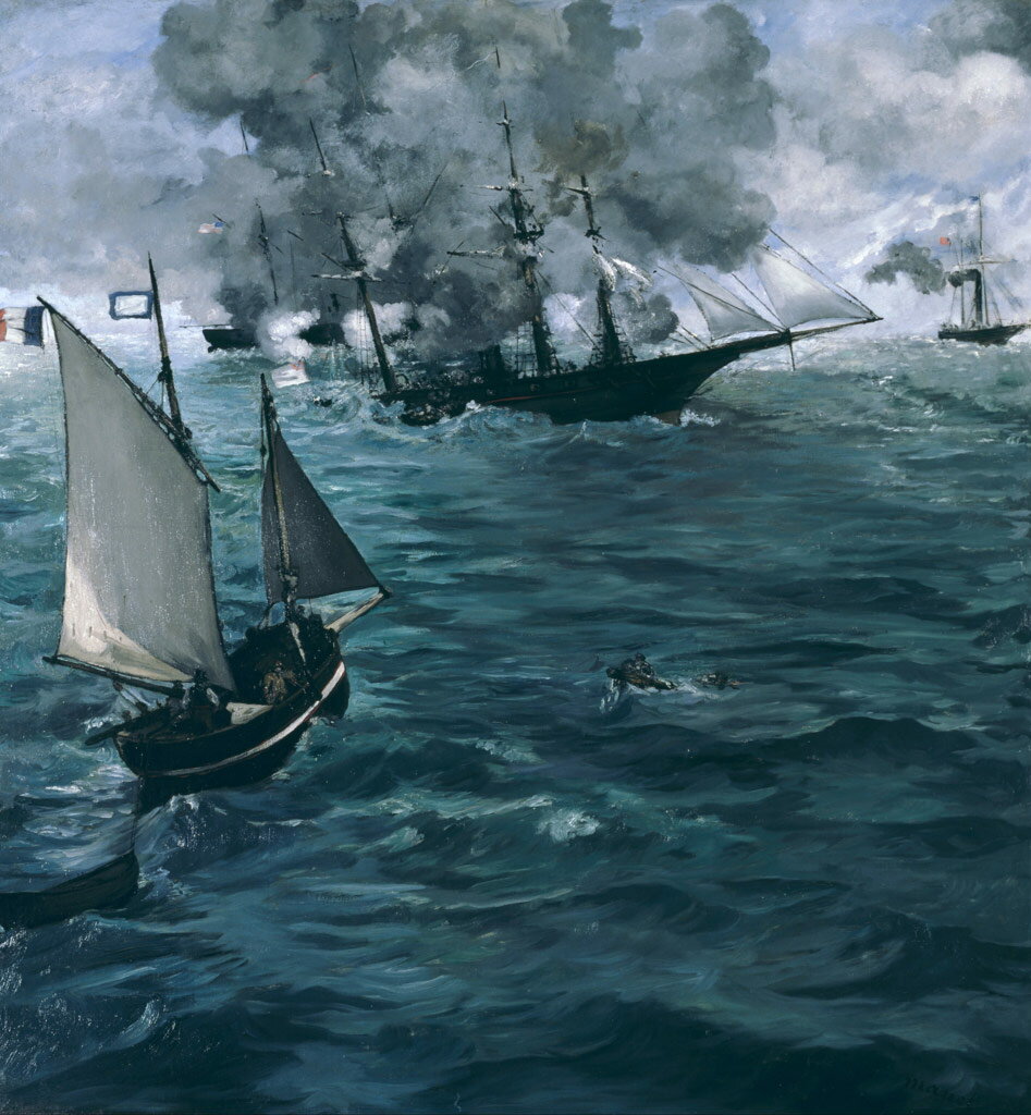 【送料無料】絵画 油彩画複製油絵複製画/エドゥアール・マネ キアサージ号とアラバマ号の海戦 F50サイズ 1323x1066mm 【送料無料　 額縁付 キャンバス】