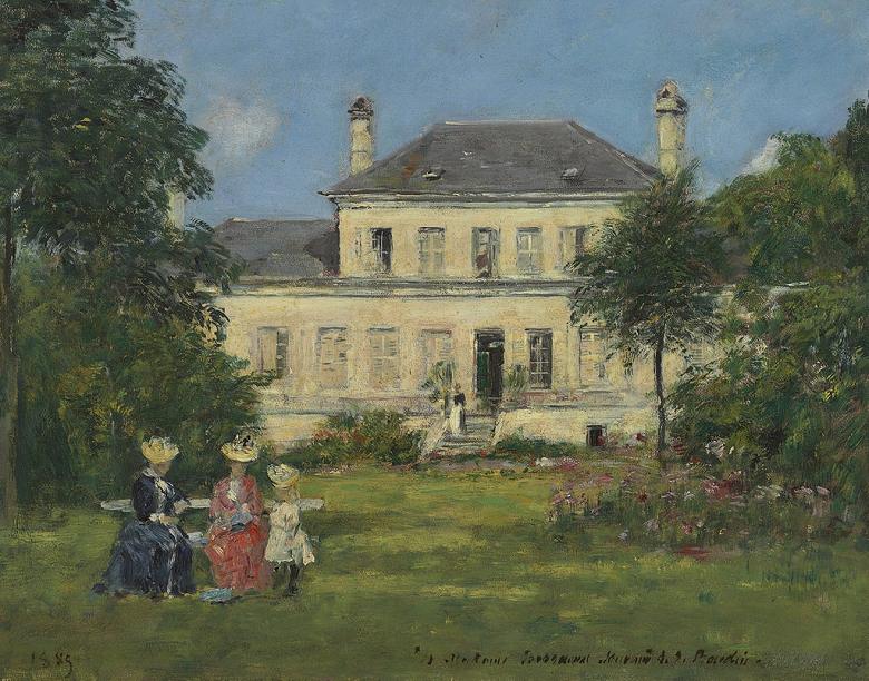 　作者 ウジェーヌ・ブーダン 作品名 画家ブラカヴァルの家と庭園 技法 手描き複製油絵 製作年 1885所蔵：0納期：受注制作につき、納期は「買い物かごに入れる」ボタン上をご覧ください。絵柄サイズ：652x530mm額装サイズ：808x686mmカテゴリ：ウジェーヌ・ブーダン|印象派|家/住宅|庭/庭園|建築物|風景