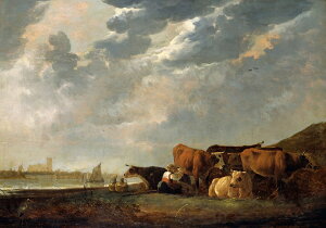 絵画 インテリア 額入り 壁掛け複製油絵アルベルト・カイプ マース川近くの牛 選べるサイズ 選べる額縁 油彩画 複製画 選べる額縁 選べるサイズ