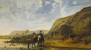 絵画 インテリア 額入り 壁掛け複製油絵アルベルト・カイプ 騎手のいる川の風景 油彩画 複製画 選べる額縁 選べるサイズ