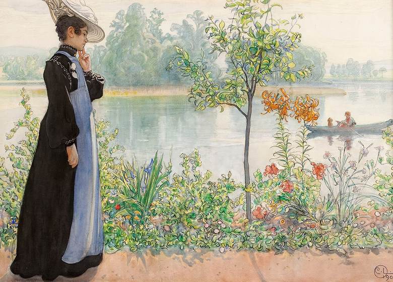 絵画 インテリア 額入り 壁掛け複製油絵カール・ラーション 夏の終わり（湖畔のカーリン） 選べるサイズ　選べる額縁 油彩画 複製画 選べる額縁 選べるサイズ