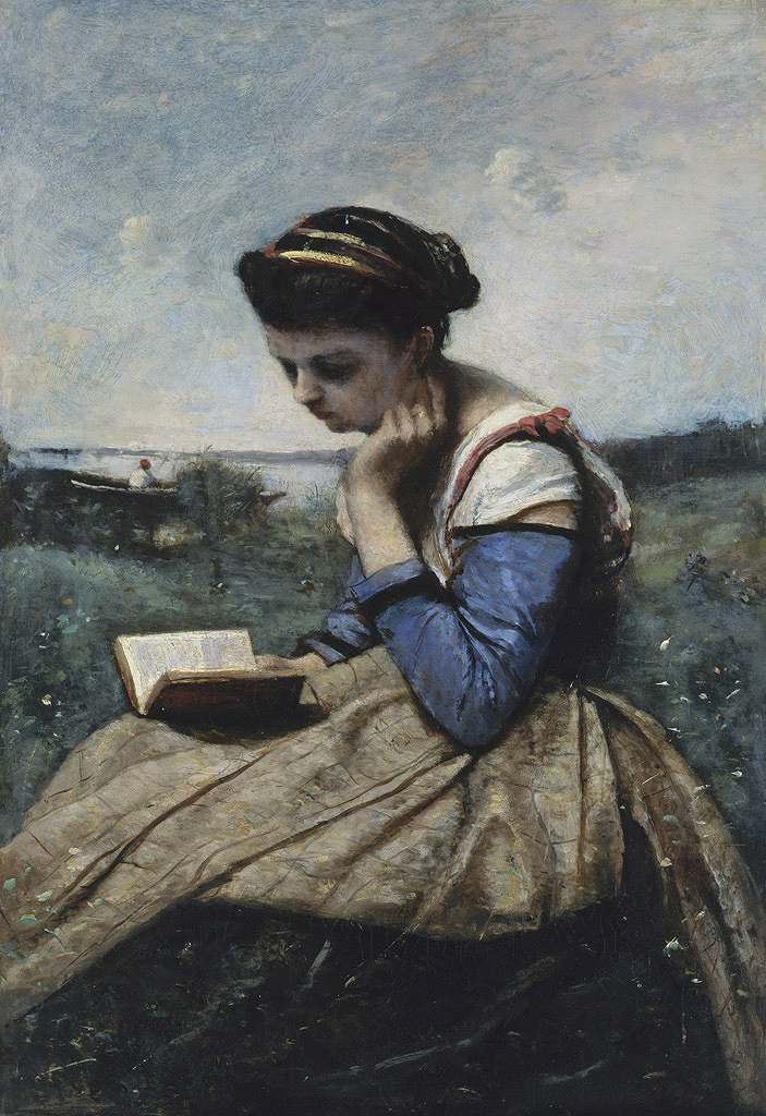 乐天商城 - 絵画 インテリア 額入り 壁掛け複製油絵ジャン＝バティスト・カミーユ・コロー 本を読む女性 選べるサイズ　選べる額縁 油彩画 複製画 選べる額縁 選べるサイズ