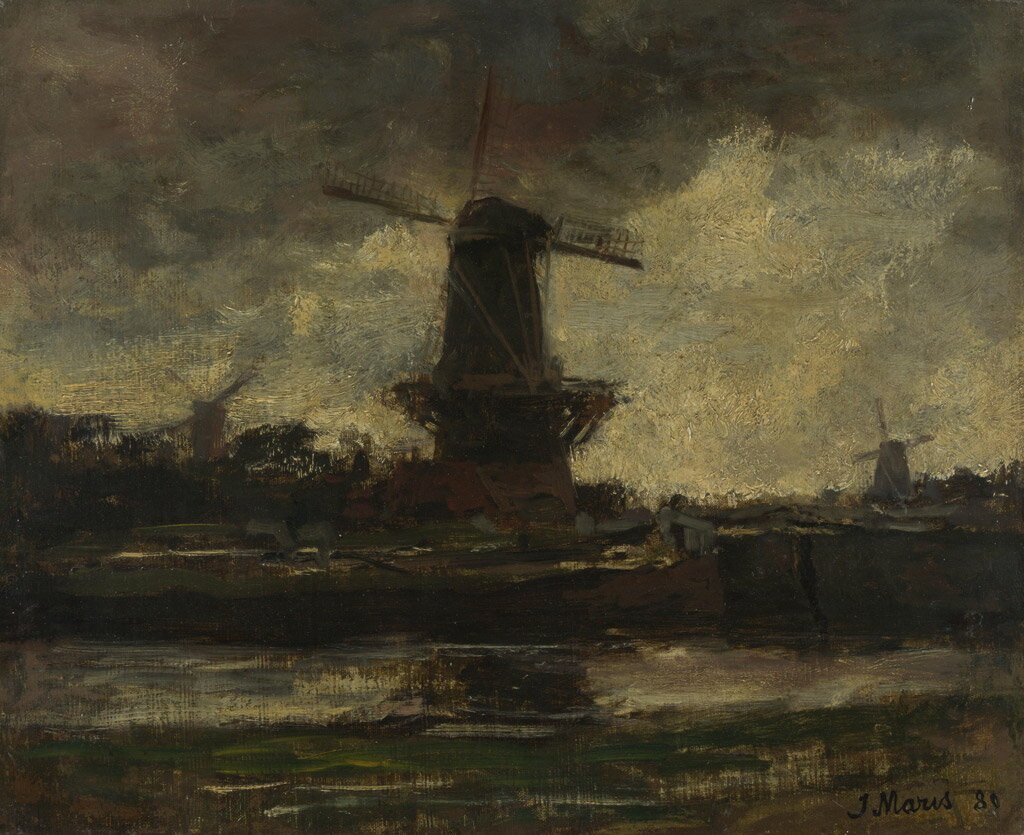 絵画 インテリア 額入り 壁掛け複製油絵 ヤコブ・マリス 三つの風車 油彩画 複製画 選べる額縁 選べるサイズ