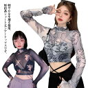 ショート丈 長袖 トップス プリント 送料無料 タートルネック 重ね着 シースル ビンテージ シアートップス