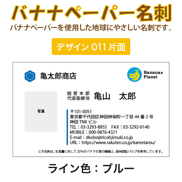 バナナペーパー名刺　ロゴ・写真入れ可能　ビジネス名刺　ライン色5色　100枚入り　送料無料【デザイン..