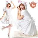 クリスマス衣装 ウサギ 4点セット コスチューム 兎 兎耳 干支 卯 大人 バニーガール Aライン 半袖 リボン ボリューム ワンピース フード付 ハイウエスト...
