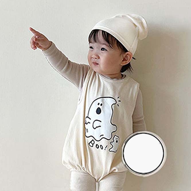 【即納】ハロウィン 帽子付き おばけ ノースリーブ ロンパース 2点セット 仮装 カジュアル ベビー服 子供服 66cm/73cm/80cm/90cm