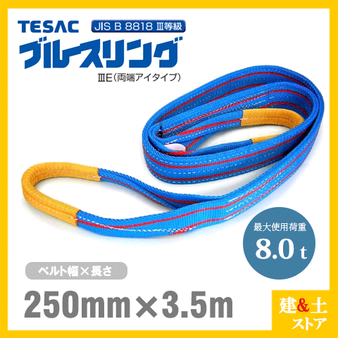 TESAC ブルースリング 250mm×3.5m(荷重8.0t) JIS3等級 両端アイタイプ ナイロンスリング テザック ベルトスリング　吊具 揚重