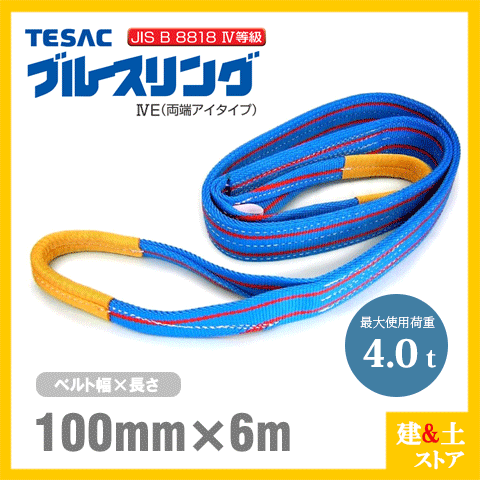 TESAC ブルースリング 100mm×6m(荷重4.0t) JIS4等級 両端アイタイプ ナイロンスリング テザック ベルトスリング　吊具 揚重