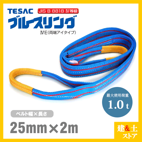 TESAC ブルースリング 25mm×2m(荷重1.0t) JIS4等級 両端アイタイプ ナイロンスリング テザック ベルトスリング　吊具 揚重