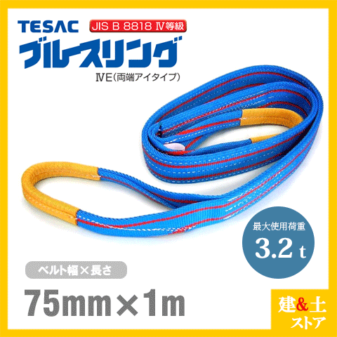 TESAC ブルースリング 75mm×1m(荷重3.2t) JIS4等級 両端アイタイプ ナイロンスリング テザック ベルトスリング　吊具 揚重