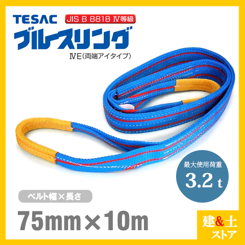 TESAC ブルースリング 75mm×10m(荷重3.2t) JIS4等級 両端アイタイプ ナイロンスリング テザック ベルトスリング　吊具 揚重