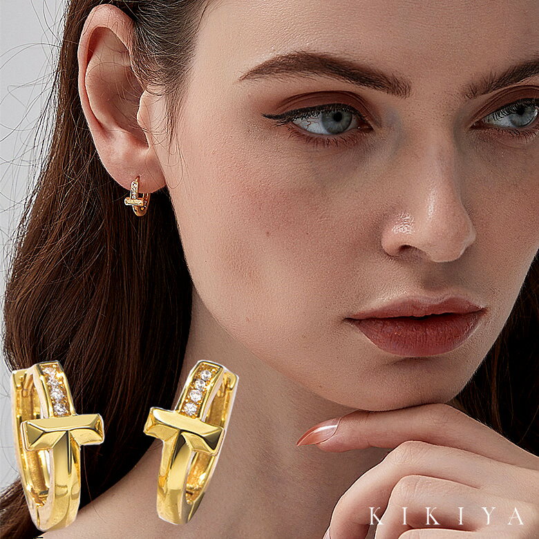 ピアス クロス フープピアス マスクに引っかからない キャッチレス ワンタッチ シルバー ゴールド ニッケルフリー アクセサリー 金属アレルギー 対応 ピアス ...