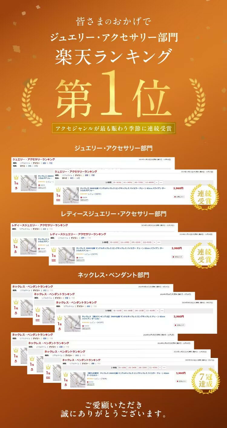 【楽天1位受賞】 ネックレス 3WAY仕様 マンテルネックレス ロングネックレス バイカラー チェーン 83cm サージカルステンレス ステンレス シルバー ゴールド k18 仕上 ニッケルフリー アクセサリー 金属アレルギー 対応 誕生日プレゼント レディース シンプル kikiya