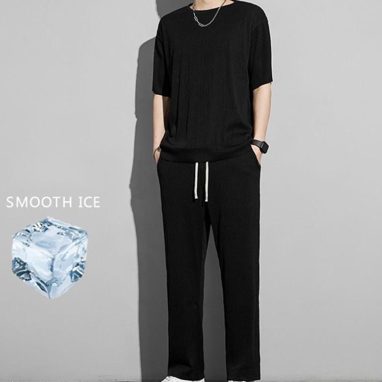 接触冷感 セットアップ メンズ 半袖 Tシャツ ワイドパンツ 夏 薄手 涼しい 上下セット 2点セット ロングパンツ トップス ひんやり ルームウェア スポーツ 運動着 アウトドア 大きいサイズ 無地 カジュアル おしゃれ 春 夏 夏服 送料無料
