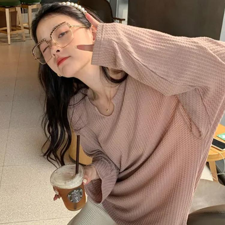 ロンT 長袖 トップス 体型カバー コーヒー インナー 春秋 無地 レディース Tシャツ 薄手 プルオーバー シンプル 重ね着 Uネック カジュアル シンプル 着痩せ 長袖Tシャツ 体型カバー 大きいサイズ ロングカットソー ピンク ブラック ホワイト カットソー kikiplaza-10000804 子供服 キキプラザ サンプル画像2