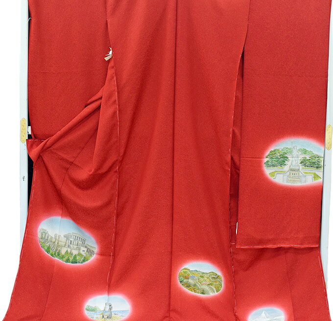 【お誂え仕立て付き】 訪問着 振袖 販売 購入 着物 正絹 世界の風景 自由の女神 パルテノン神殿 パーティ 裄73cm 仮仕立 結婚式 卒業式 舞台衣装 仮縫い 未仕立 振袖セット 成人式 オーダーメイド 新品 未使用 1点物