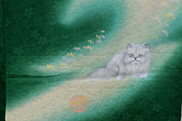 【お仕立て付き】 訪問着 振袖 販売 購入 着物 正絹 オーダー ペルシャ猫 緑 猫柄 パーティ 裄73cm 仮仕立 結婚式 卒業式 舞台衣装 仮縫い 未仕立て 振袖セット 振袖 長襦袢 オーダーメイド 仕立て 新品 未使用 成人式 個性的な1点物