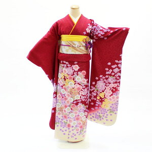 振袖 中古 フルセット 正絹 一式 格安 リサイクル 着物 和服 晴れ着 和装 仕立て上がり 赤 花 黄色ぼかし 成人式 前撮り 記念撮影 式典 結婚式 卒業式 謝恩会 着付け練習 お稽古 舞台衣装などに お買い物マラソンバーゲン