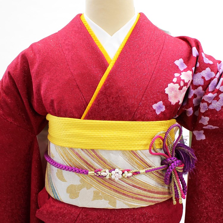 振袖 中古 フルセット 正絹 一式 格安 リサイクル 着物 和服 晴れ着 和装 仕立て上がり 赤 花 黄色ぼかし 成人式 前撮り 記念撮影 式典 結婚式 卒業式 謝恩会 着付け練習 お稽古 舞台衣装などに お買い物マラソンバーゲン 成人式　振袖　レンタル