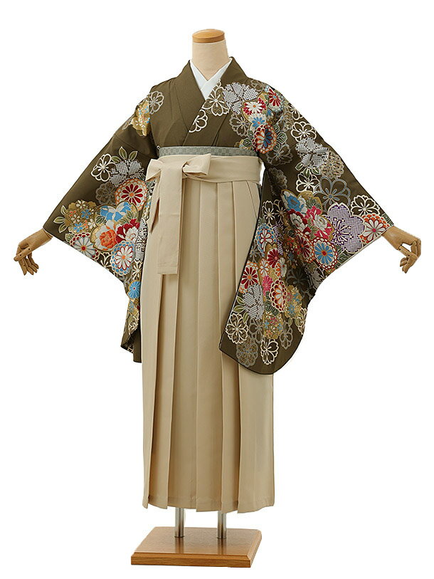 卒業式袴レンタル A091 抹茶グリーン花×アイボリー袴 卒業式袴 フルセットレンタル 大学生 はかま 女性..