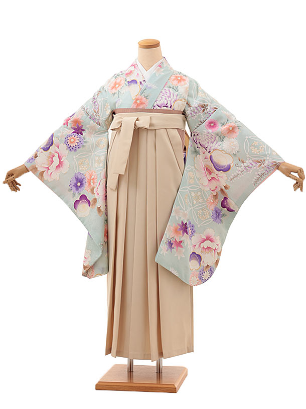 卒業式袴レンタル A302 薄水色 牡丹×ベージュ袴 卒業式 袴 レンタル 女性 卒業式袴 フルセットレンタル 大学生 はかま 大学 袴セット 卒業袴レンタル 着物レンタル 卒業式袴レンタル 往復送料無料 新品足袋プレゼント【レンタル】