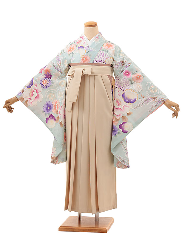卒業式袴レンタル A303 薄水色 牡丹×ベージュ袴 卒業式 袴 レンタル 女性 卒業式袴 フルセットレンタル 大学生 はかま 女性 卒業袴セット 卒業式袴レンタル セット 大学 袴セット 卒業袴レンタル 着物レンタル 卒業式袴レンタル 往復送料無料【レンタル】