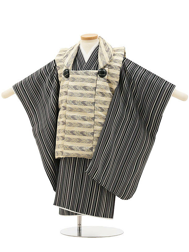 七五三 着物 3歳 レンタル 男の子 七五三レンタル(3歳男の子/被布)3132/茶 金 ボーダー×ストライプ柄 きものレンタル 七五三 子供和装 被布コート ...