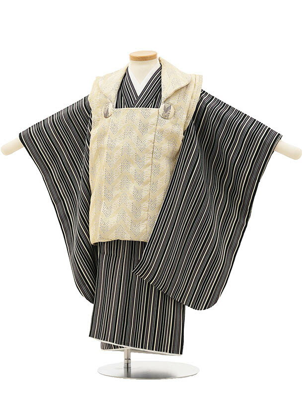 七五三 着物 3歳 レンタル 男の子 七五三レンタル(3歳男の子/被布)3133/金 ベージュストライプ×ストライプ柄 きものレンタル 七五三 子供和装 被布コ...