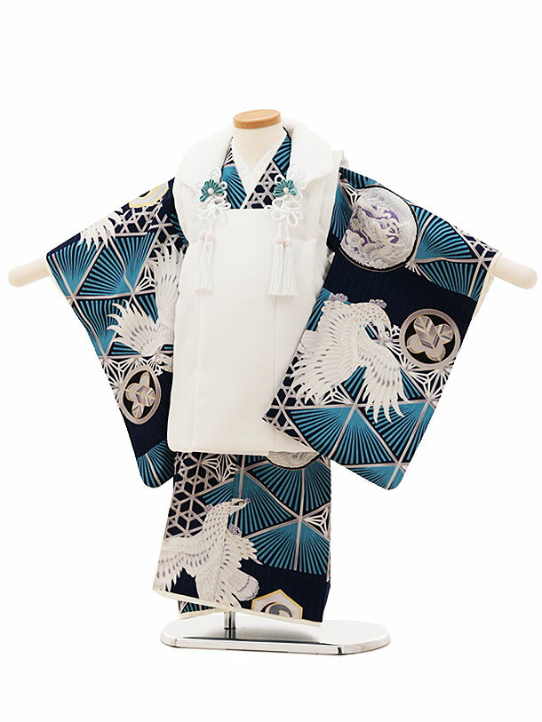 七五三レンタル(3歳男の子/被布)3218/白×紺 鷹 レンタル 七五三 子供和装 被布コート 貸衣装☆新品足袋プレゼント☆fy16REN07【レンタル】