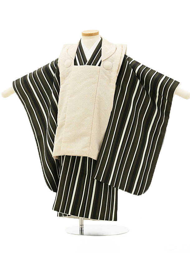 七五三レンタル(3歳男の子/被布)3228/ベージュ リーフ×カーキストライプ レンタル 七五三 子供和装 被布コート 貸衣装☆新品足袋プレゼント☆fy16RE...