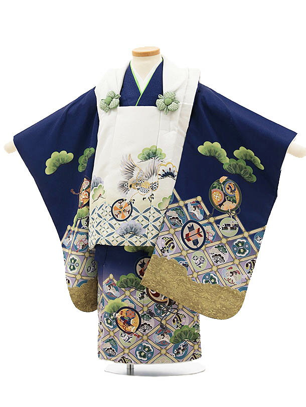 七五三レンタル(3歳男の子/被布)3236/白 鷹×紺地 宝尽くし レンタル 七五三 子供和装 被布コート 貸衣装☆新品足袋プレゼント☆fy16REN07【レン...
