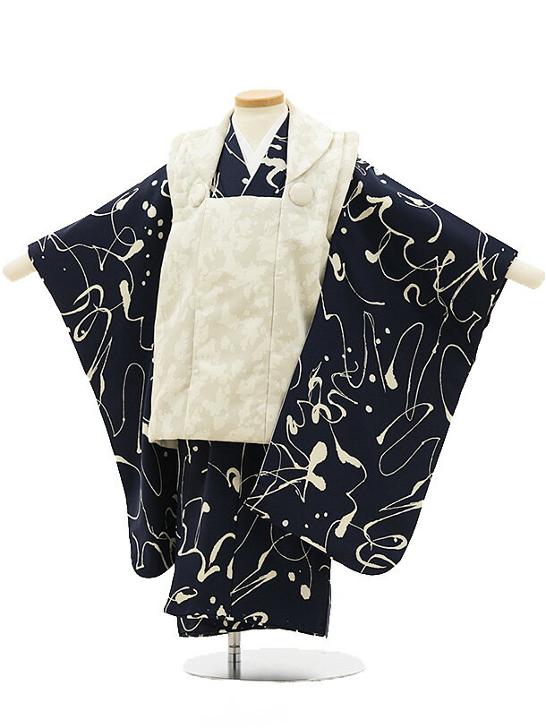 七五三レンタル(3歳男の子/被布) 3248/グレージュ×紺地 ペイント レンタル 七五三 子供和装 被布コート 貸衣装☆新品足袋プレゼント☆fy16REN07...